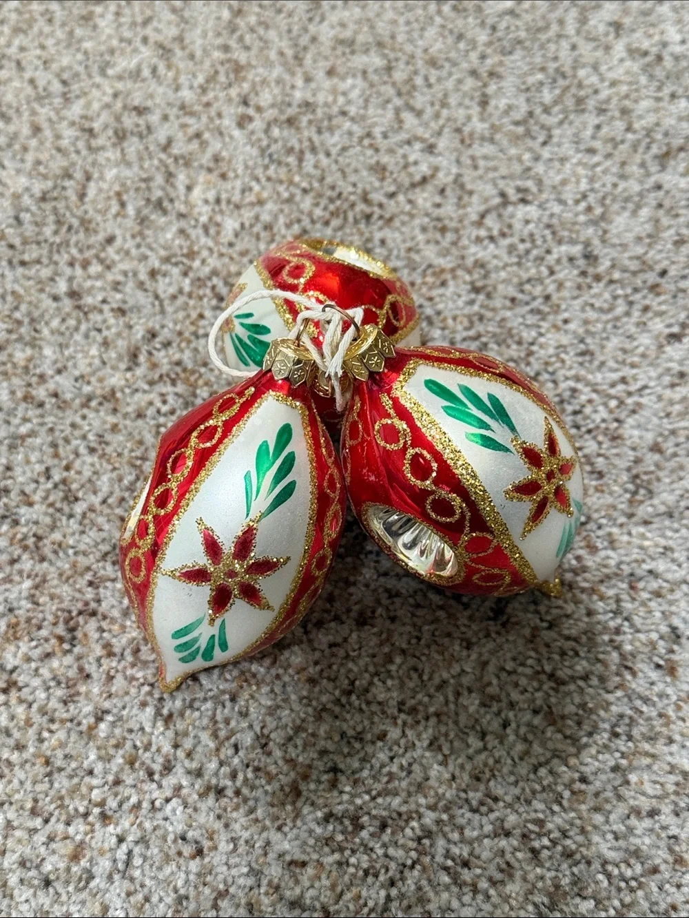 Vintage Polish Glass Christmas Ornaments Indented Reflector Red White 3PC Set